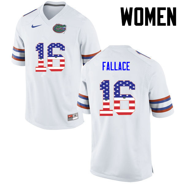 Women Florida Gators #16 Brian Fallace College Football USA Flag Fashion Jerseys-White - Click Image to Close